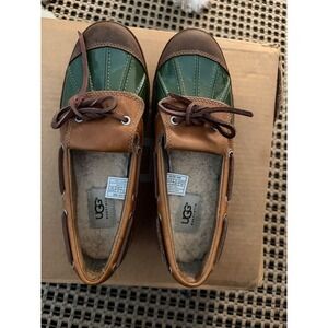 UGG Australia Duck Boat Shoes Green Tan Leather Shearling Lined Loafers 1898 7.5